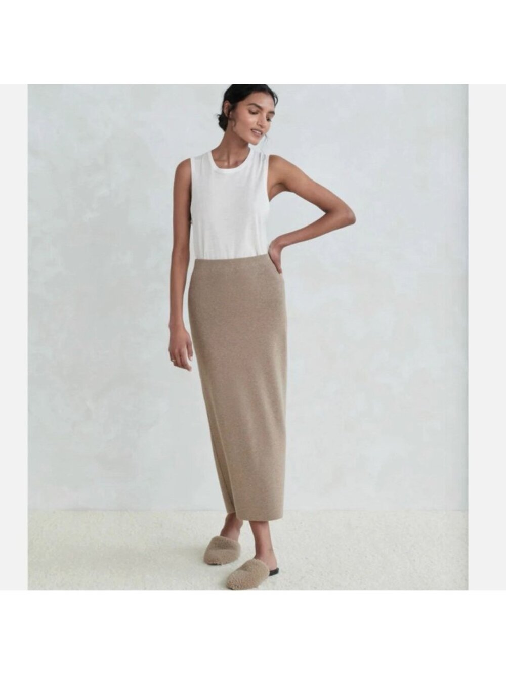 Jenni Kayne Ludlow Ribbed Knit Midi Taupe Pencil Skirt Cotton Cashmere M
